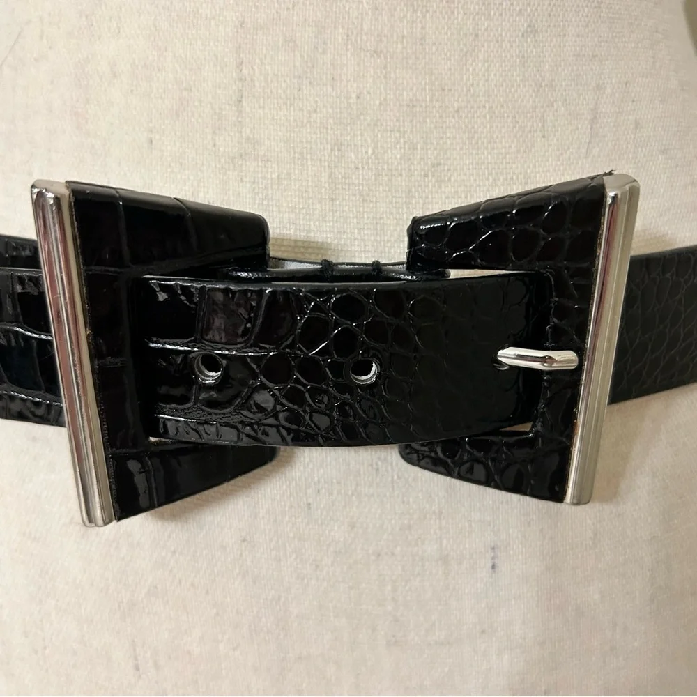 WHBM Black Croc-Embossed Belt with Silver Buckle SZ M